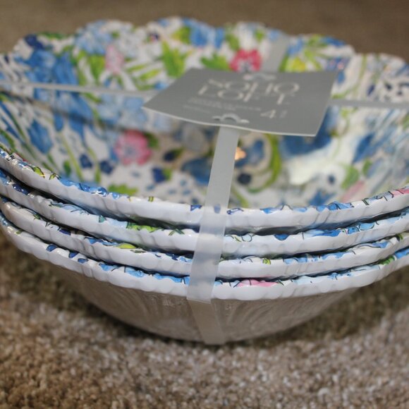 Soho Loft Blue Pink Flower Floral Scalloped Melamine 8" Soup Bowl Set of 4 NWT - Picture 5 of 6